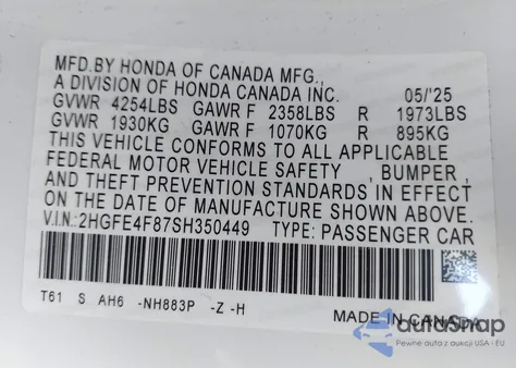 2025 Honda Civic Hybrid Sport/Sport Touring из США, поврежденный, VIN 2HGFE4F87SH350449